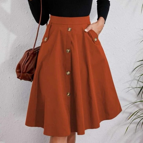 Classic Burnt Orange Button Detail Pocket Midi Skirt - Picture 2 of 16